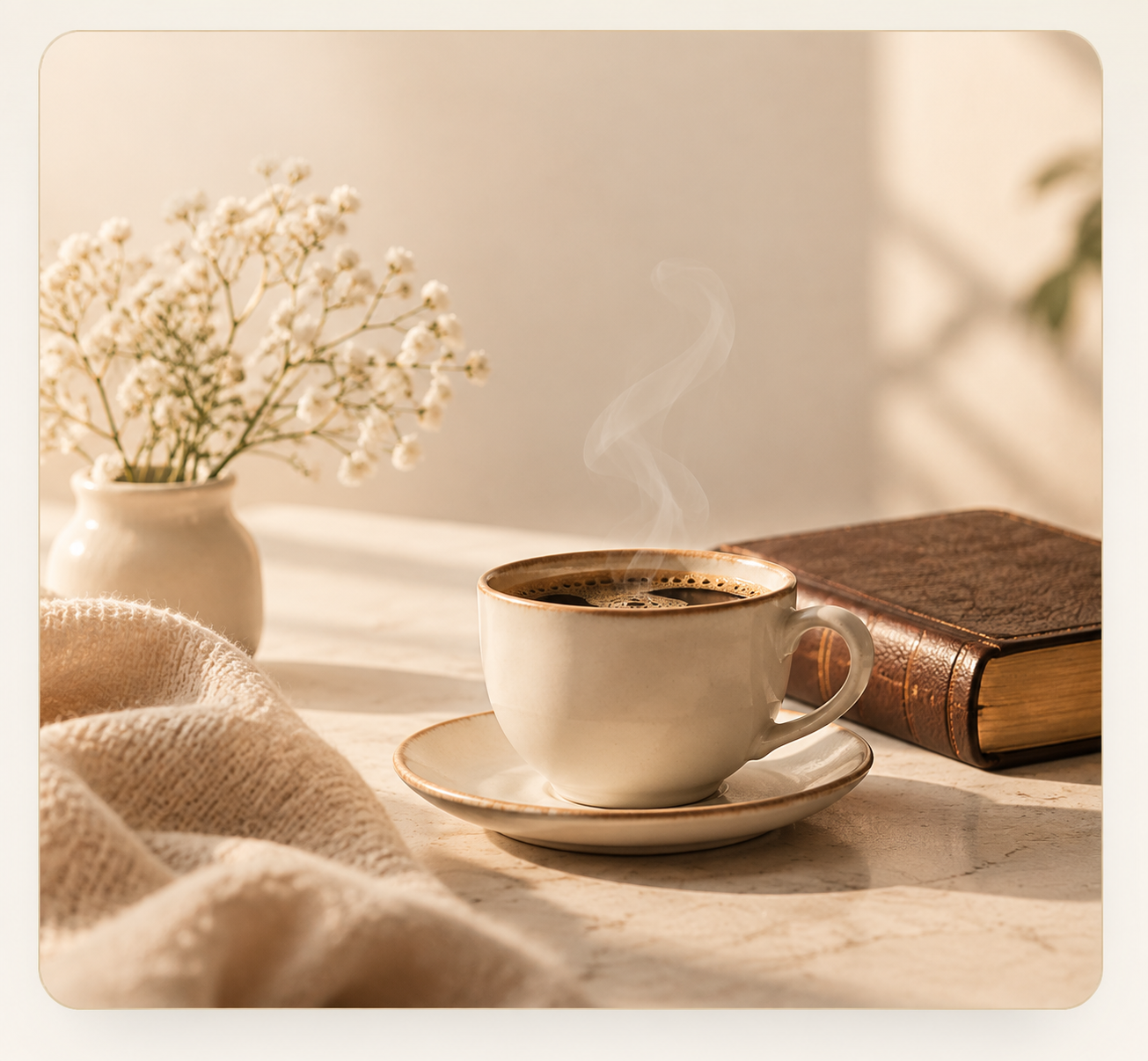Xícara de café ao lado do devocional Café com Jesus e de uma Bíblia, sob a luz da manhã
